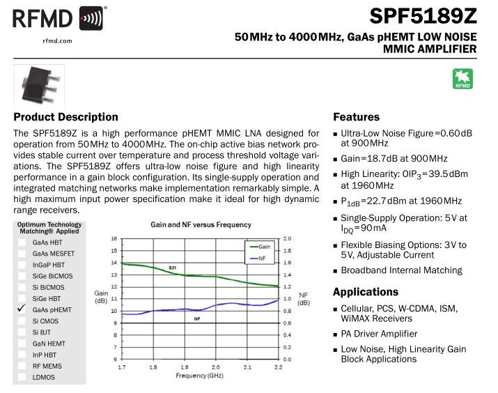 SPF5189 RF Low-Noise Amplifier LNA, 50-4000MHz, NF=0.6dB