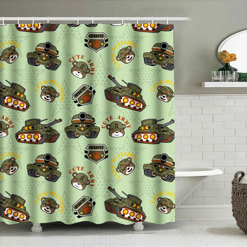 Cute Cartoon Army Pattern Shower Curtain Decor for Kids Bathroom Green Camo Design with Teddy Bear Tank Print (51x72in)