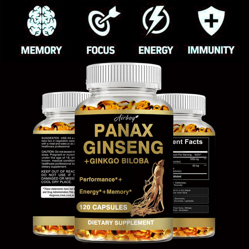 Vegetarian Ginseng Root Extract Capsules, Ginkgo Biloba 60mg, for Boosting Energy and Concentration, Suitable for Both Men and Women.