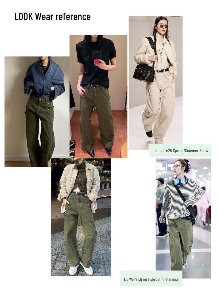 Louvre Spring Retro Low-Waist Loose-Fit Slim Green Women's Overalls