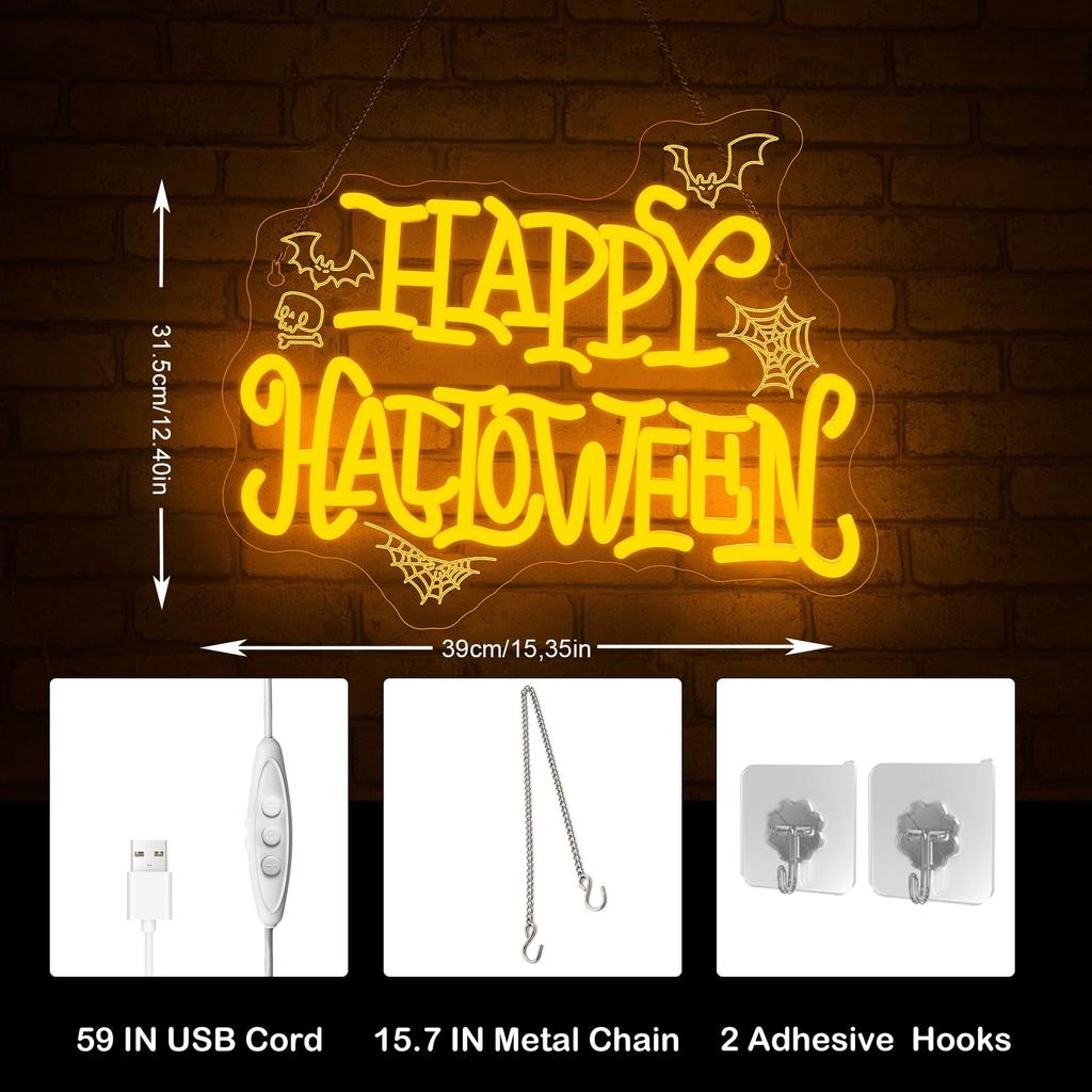 HAPPY HALLOWEEN Neon Sign, Spider Webs & Skull, Halloween Party Decoration for Home, Bar, Dorm, Spooky Décor