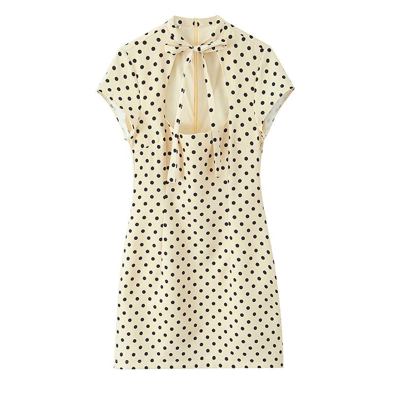 Vintage Polka Dot Dress Women 2026 Summer Hollow Out Stand Neck Short Sleeve Mini Dresses Lady New Sexy Slim Party Vestidos
