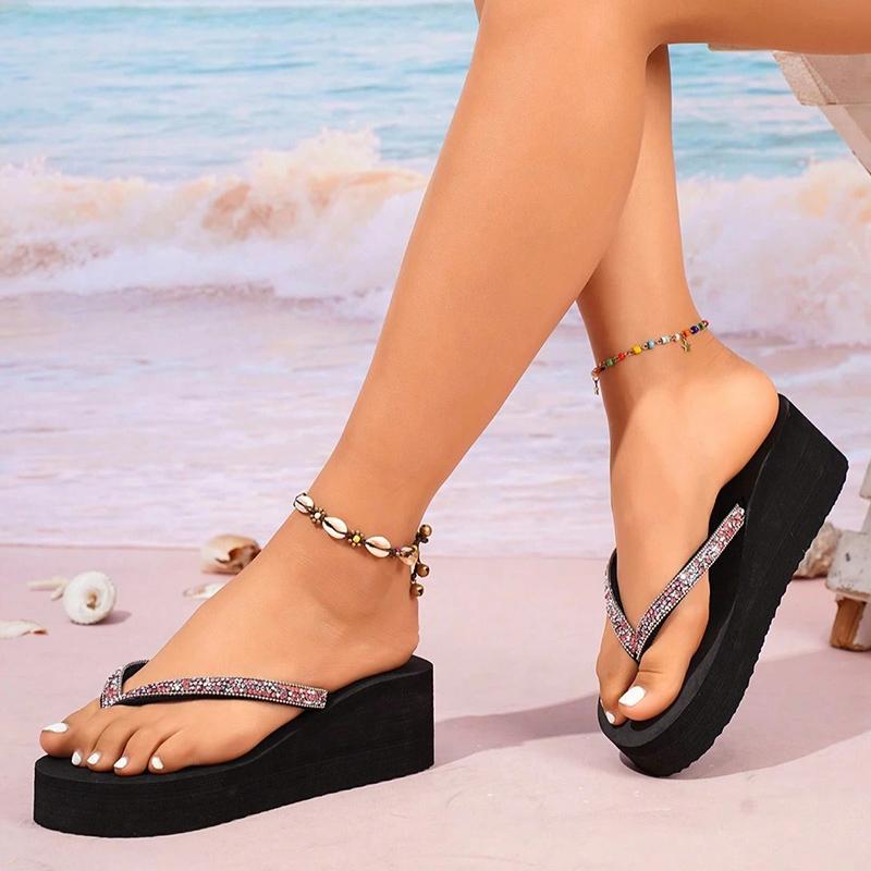 Dicke Sohle Strass Strand Flip Flops für Damen Sommer Mode Zehensteg Keilsandalen Frau Leichte Plateau Pantoletten 36-42