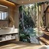 Tropical Pool Shower Curtain - Turquoise Waterfall Design, Lush Greenery, Wooden Deck, Luxe Bathroom Decor,  Polyester, Washable