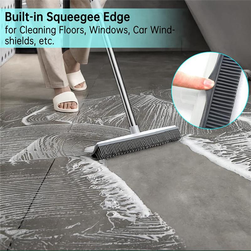 A25F-Rubber Broom With Squeegee And Adjustable Long Handle Pet Hair And Fur Remover Floor Brush For Hardwood Tile And Window