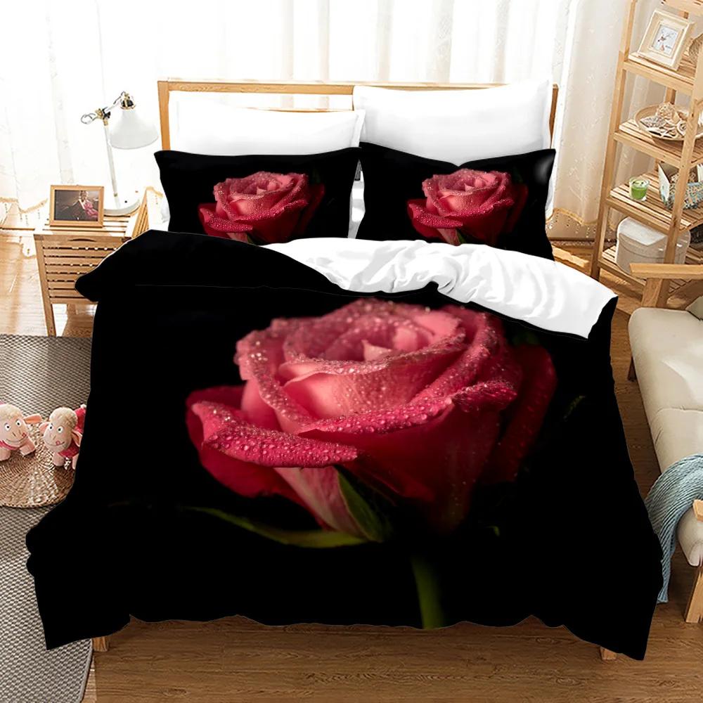 Rose Duvet Cover Set Full/Queen/King/Twin Size Soft Luxury 3D Rose Flower Microfiber Bedding Set Romantic Love Pink Quilt Cover
