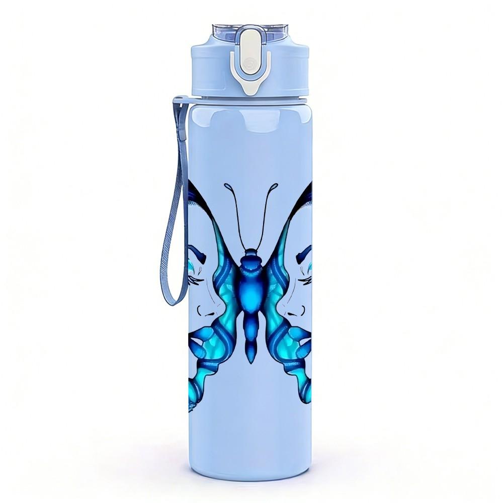 1PC Blue Gradient Butterfly Wing Print 750ml Color Plastic Sports Water Bottle Leakproof Flip Straw Lid Suitable for Sports Office Home Use