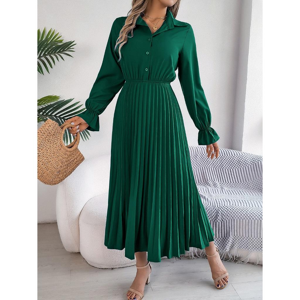 GMXIA Autumn and Winter Casual Lapel Button Long-sleeved Waist-cinching Pleated Long Dress Women's Clothing