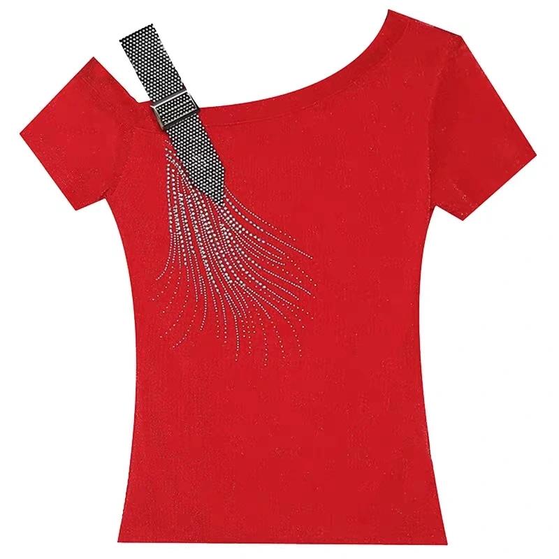Summer Fashion European Female Clothes T-Shirt Sexy Off Shoulder Shiny Diamonds Mesh Women Tops All Match Tees Blouse