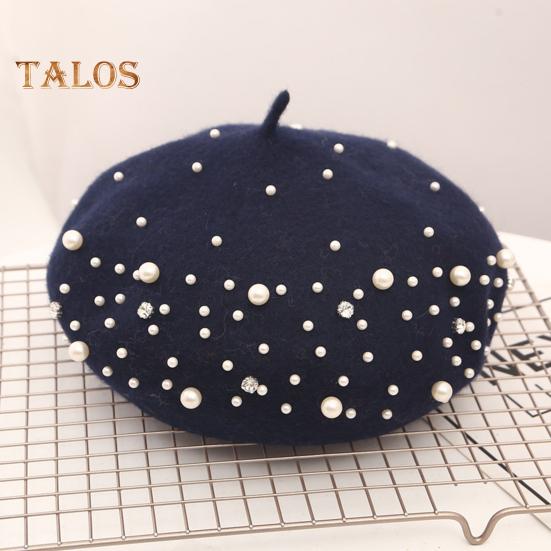 Women Beret Faux Pearl Rhinestone Decor Vintage English Style Woolen Hat No Brim Solid Color Adjustable Straps Pumpkin Cap