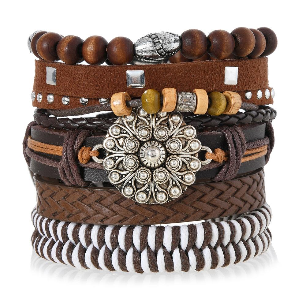 Leather Bracelets for Men Women Handmade Wrap Woven Cuff Bracelets Wooden Beaded Bracelets Vintage Ethnic Tribal Wristbands Bracelet Set Adjustable