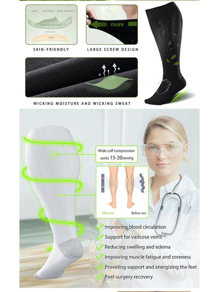 Three Pairs Wide-Calf Compression Socks: Plus Size Knee-High Support for Men & Women, Odor-Resistant Sports Socks
