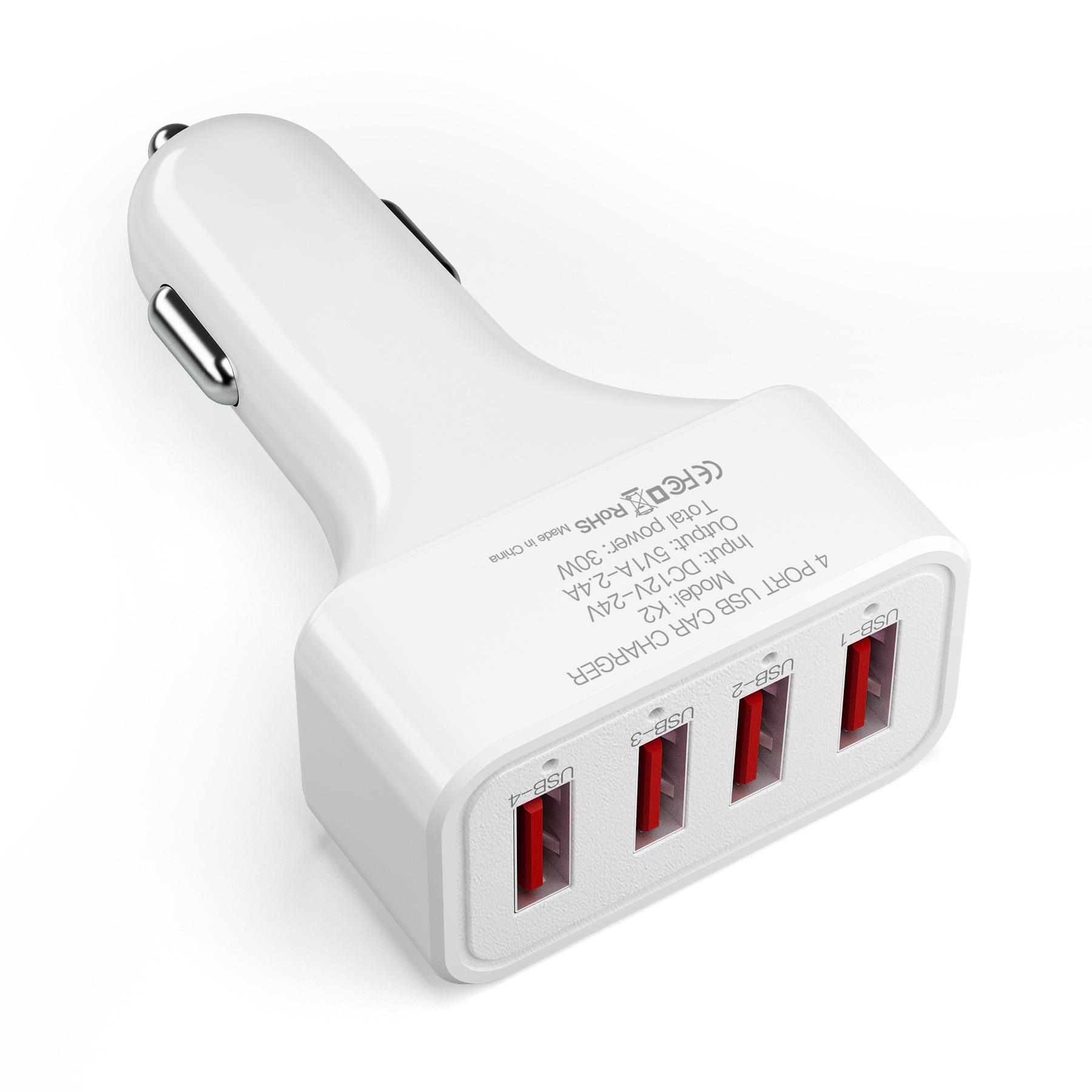 

K2 4 USB Ports Car Charger PC+ABS Mobile Phone Tablet Charging Power Adapter (CE Certified)