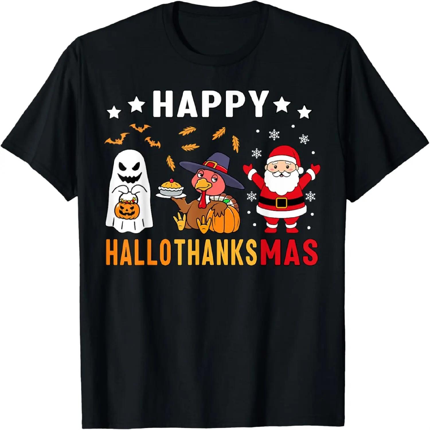 Happy Hallothanksmas Ghost Turkey Pumpkin Christmas Santa T-Shirt S