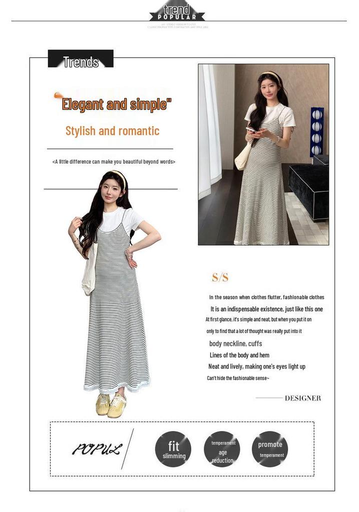 2026 Summer Casual Maternity Two-Piece Set: Short-Sleeved T-Shirt + Striped Slimming Overalls Skirt