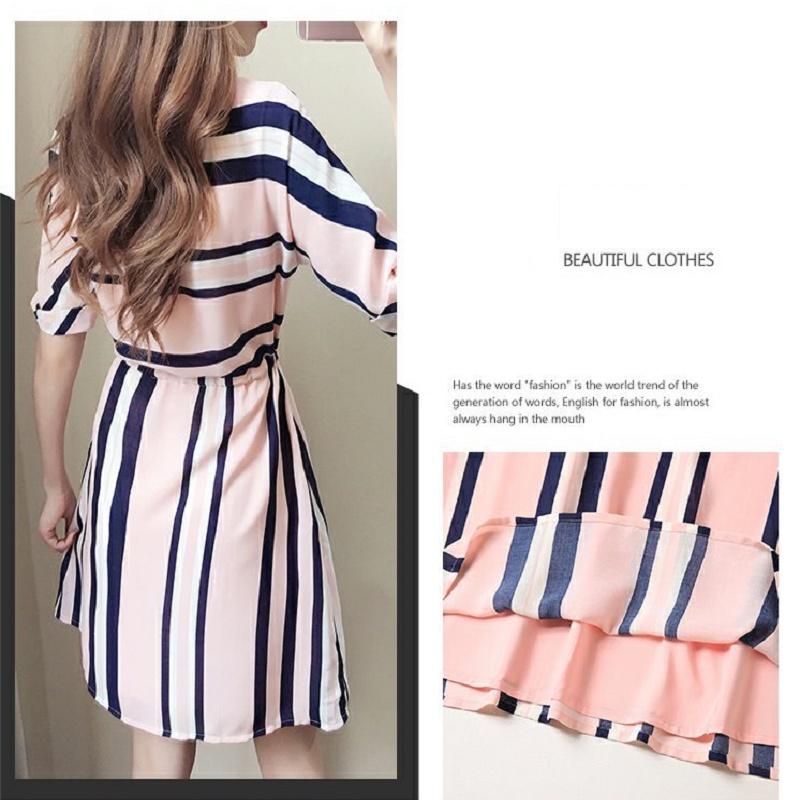 Elegant And Timeless Women Fashion Short Sleeve Casual Dress With Classic Stripes