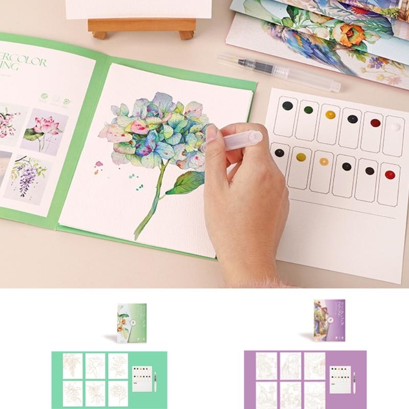 Art Doodling Book with 12 Color Watercolor Paint Water Brush Pen Stress Relief Painting Book For Children Adult Drawing