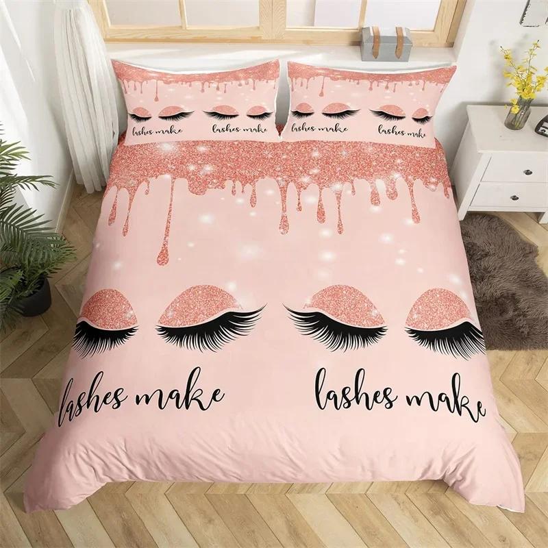 Smile Eyelash Duvet Cover Set Glitter Fragments Dreamy Twin Queen Bedding Set Microfiber Eyelashes Make Romantic Comforter Cover