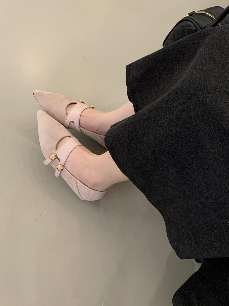 Retro pointed matte splicing one-word buckle shallow mouth single shoes women's inner height increase shallow mouth temperament work shoes