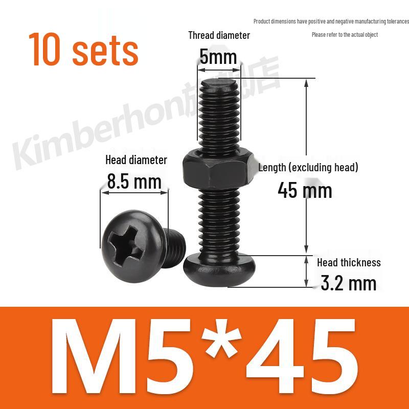 Complete Set of Black 304 Stainless Steel Phillips Round Head Screws and Nuts - M2M3M4M5M6MM.