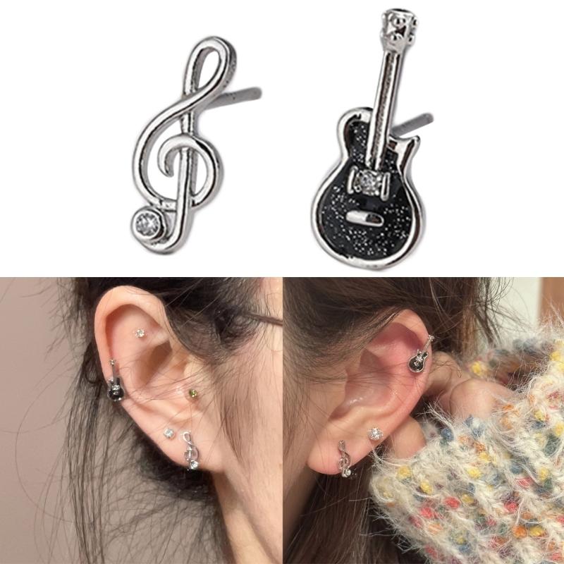 Asymmetrischer Gitarren-Musiknoten-Ohrstecker Zirkonia Statement-Ohrring Stecker Zarter Schmuck Geschenk Frauen Mädchen Empfindliches Ohr