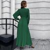 Women V Neck Long Sleeve Pleated A Line Solid Color Lace Up High Waist All Match Dresses S-XXL