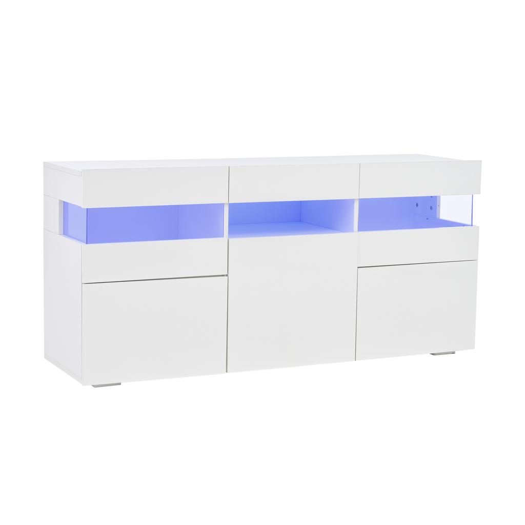 Credenza per soggiorno 140*40.5*66.5cm con 3 ante, finitura lucida, striscia luminosa a LED, acrilico trasparente, 7 scomparti, bianco