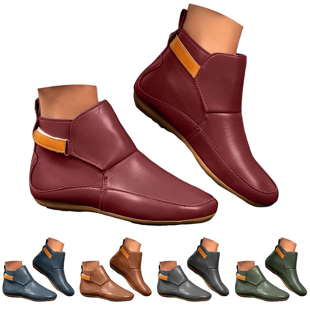 Women's Short Shoes Fashion Casual Flat Solid Color Leather Outerwear Ankle Boots Flat Boots for Women Toe