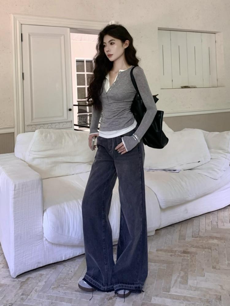 Korean Chic Design Fake Two Pieces Long Sleeves Shirt Women Autumn 2024 New Elegant All Match Slim Fit Slimming Base Tops Winter