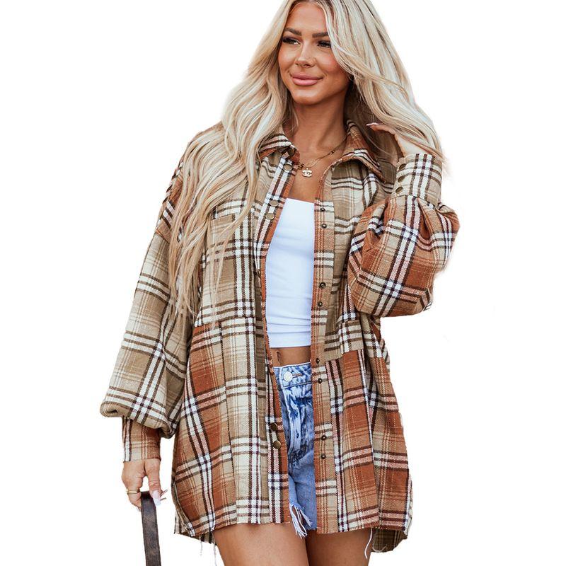 2025 Autumn New Plaid Color Matching Shirt Outerwear Women European and American Leisure Loose Mid-Length Single-Breasted Shirt