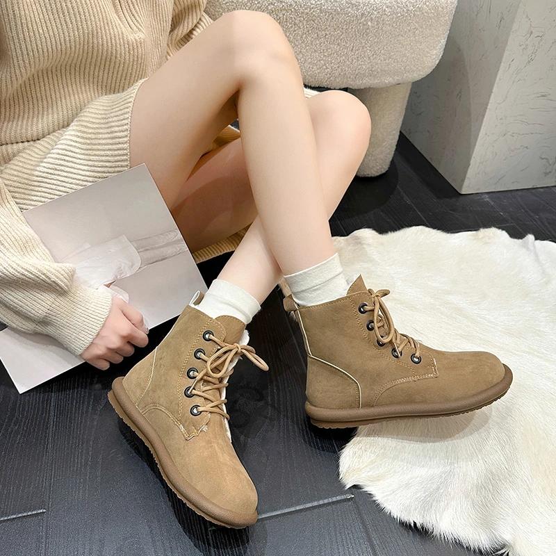 Mode Stiefel Damen Flacher Boden Bequeme Schuhe für Damen Lässig Plüschfleece für Wärme Schnürstiefeletten für Damen Botas De Mujer