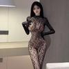 Leopard Print Mesh Dress & Bodysuit Set with Fishnet Stockings and Gloves