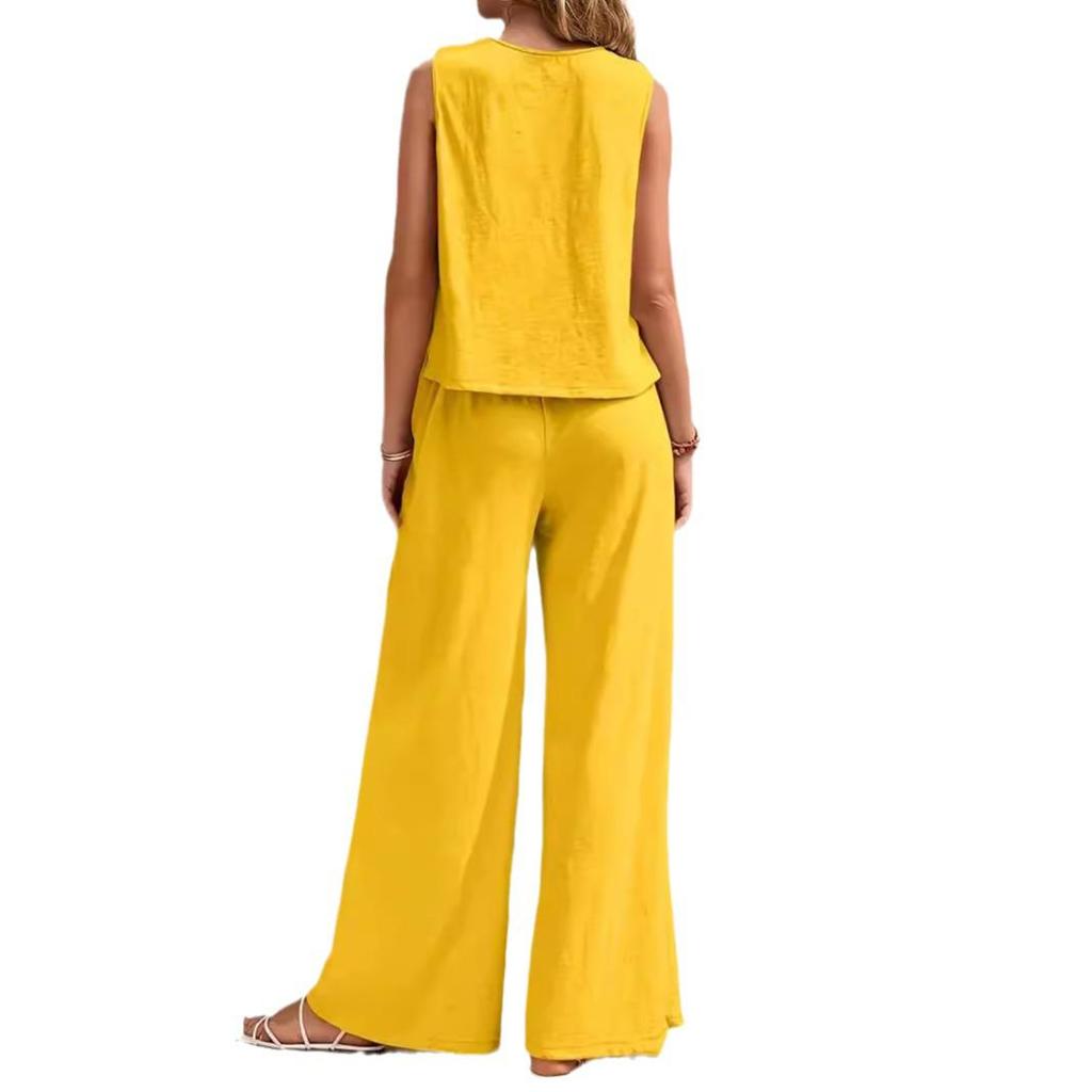 Elegant Solid Color Two-Piece Set: Crew Neck Tank Top & Wide-Leg Pants - Women's Clothing 2026