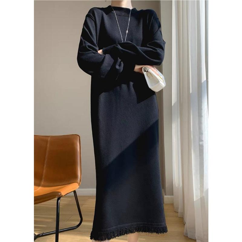 Autumn and winter new fashion knitted inner dress women's fringed semi-turtleneck sweater bottoming long dress tide