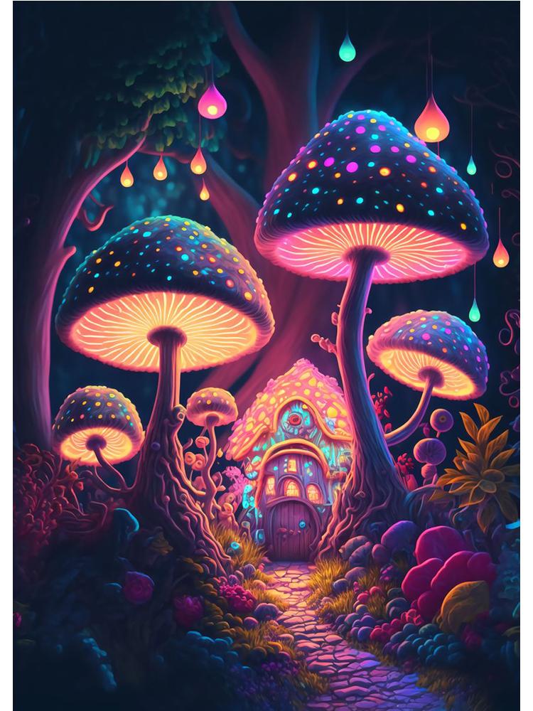 Abstract Psychedelic Mushrooms Enchanted Forest Poster Canvas Painting Colored Wall Art For Living Room Home Decor Cuadros