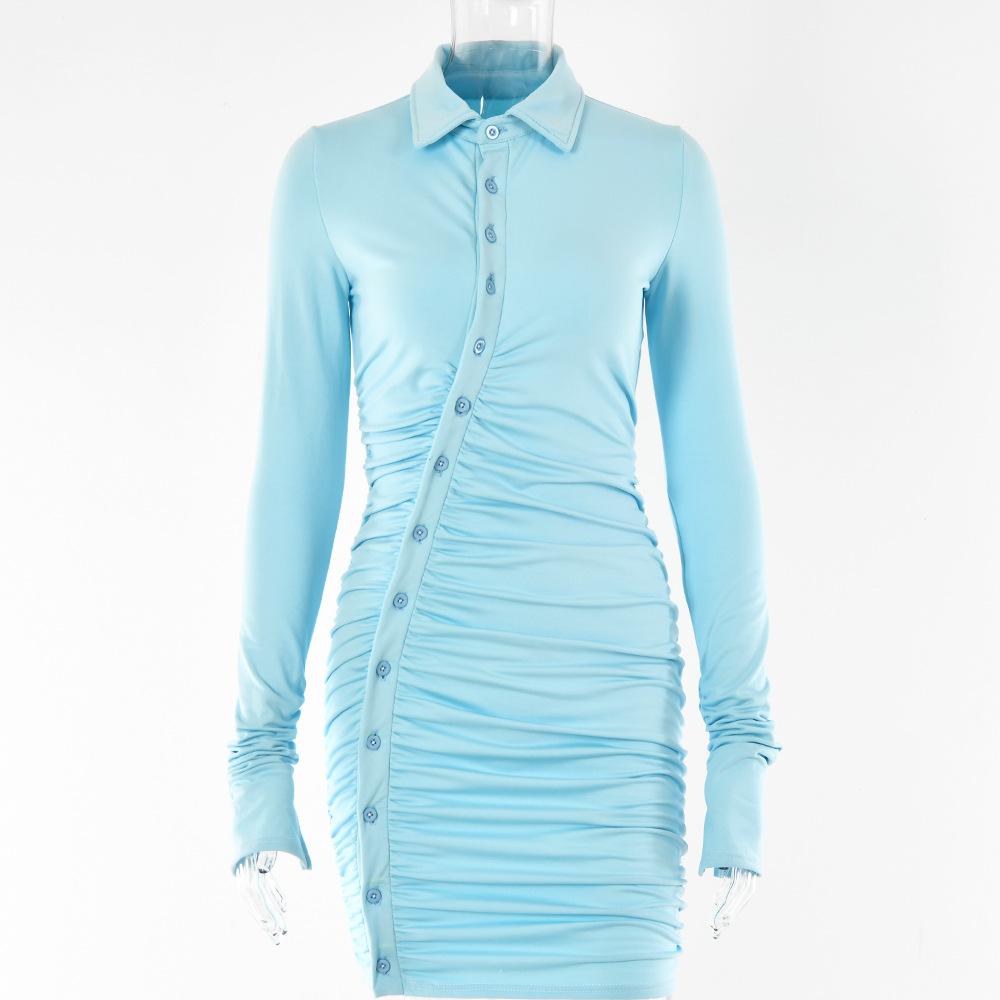

2 autumn and winter new dresses fashionable sexy babes single-breasted design long-sleeved pleated skirts M синій