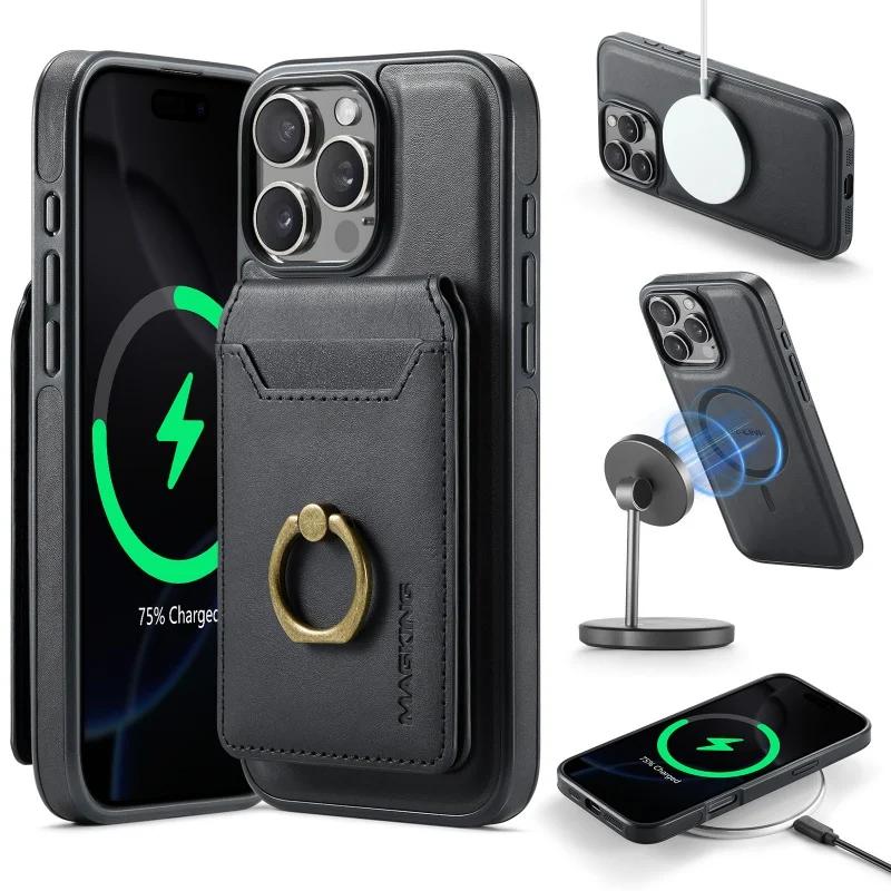 Magnetic Wireless Charging Flip Leather Phone Case For iPhone 17 Pro Max 16E 16 Plus 15 14 13 12 MagSafe Wallet Card Cover Coque