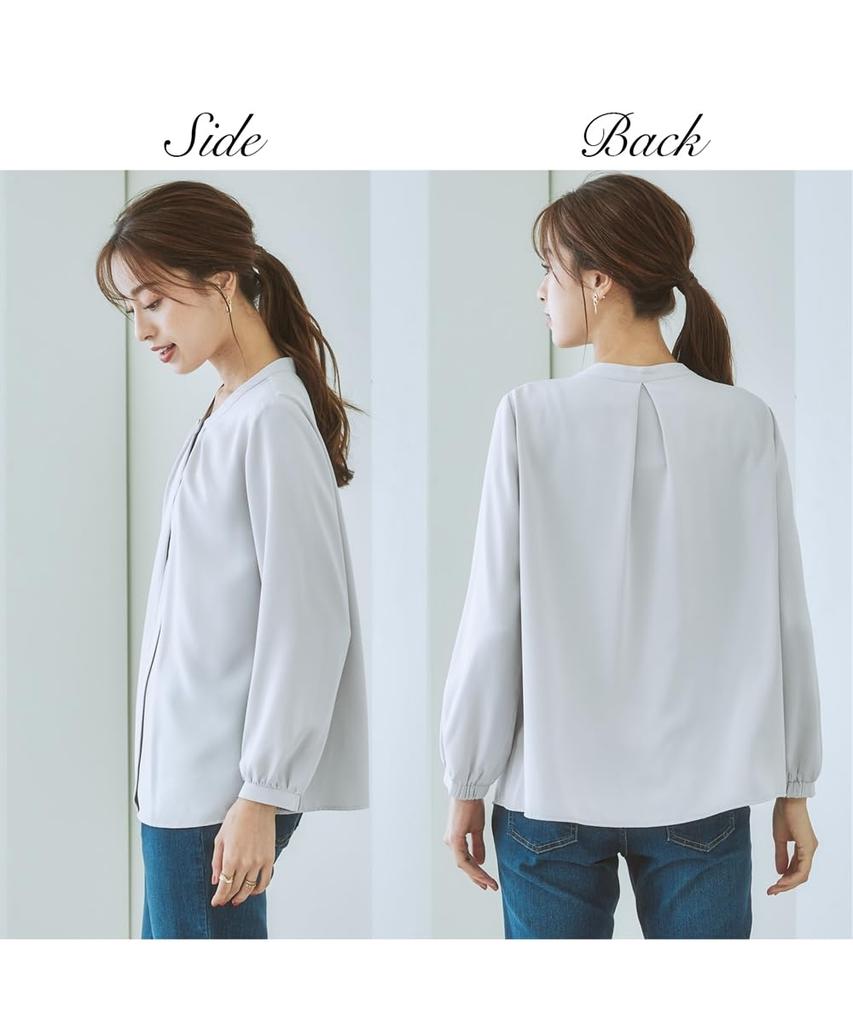 Nissen Stretch Powder Satin Tuck Front Blouse Machine UV Size M Sizes 2-Way (Wrinkle-Resistant, Quick-Drying, Washable, Protection) Navy, (Plus