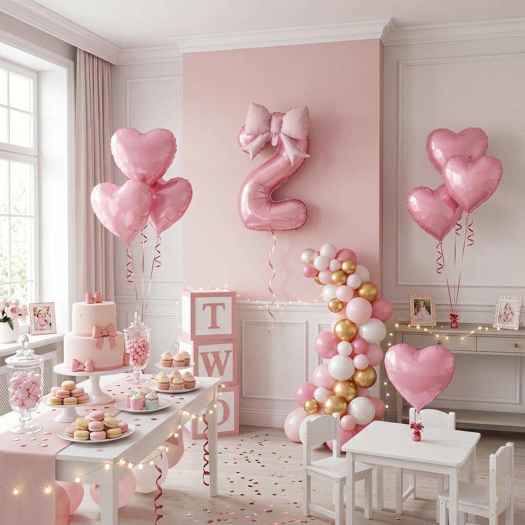 7pcs Pink Foil Number Balloon Set Bows Heart Balloons Numbers 1-9 Baby Shower Decor Girl's Birthday Party Decor Wedding Supplies 5