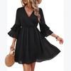 Women’s V Neck Floral Print Dress with Ruffle Sleeves and Elastic Waist Casual Loose Fit A Line Mini Dress