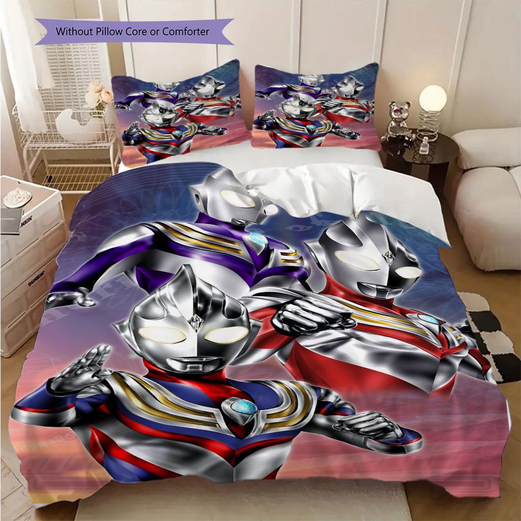 3pc Ultraman cartoon print unbleached bed sheet set(1*Duvet Cover + 2*Pillowcase, Without Core), for bedroom bedding decoration