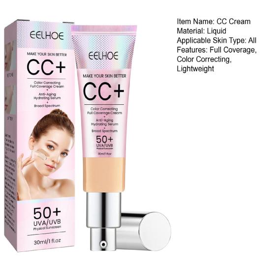 30ML CC Cream Color Correcting Full Coverage Foundation SPF 50+ Lightweight Facial Cream Hydrating Long Lasting Waterproof Natural Moisturizer