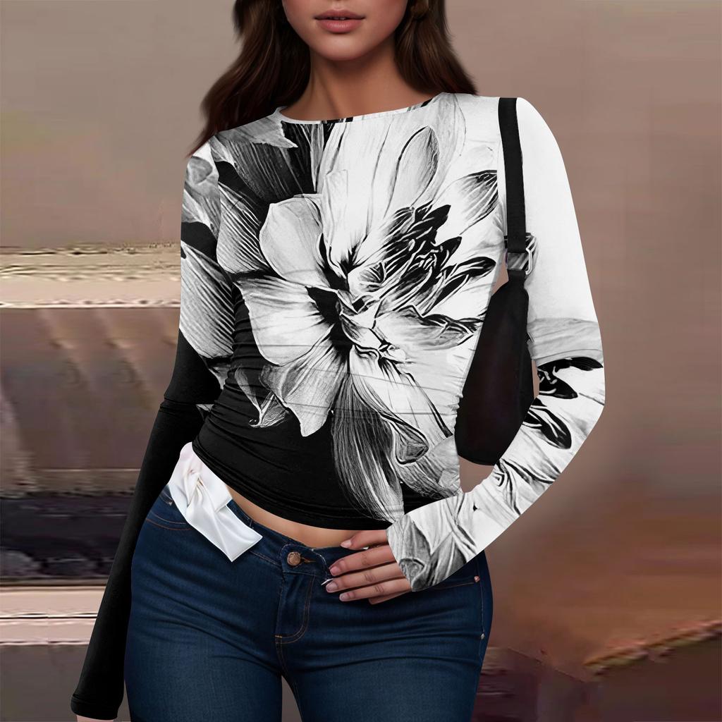 Women's Fashion Solid Colour Round Neck Long Sleeve T-Shirt Top