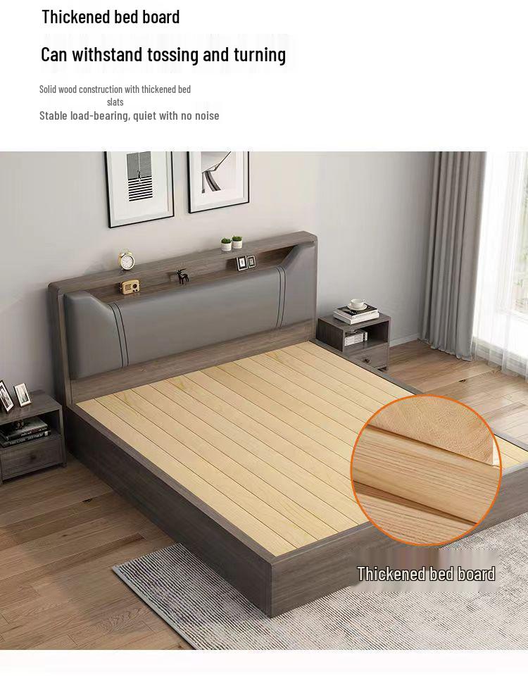 Modern Minimalist Solid Wood Panel Bed - Double (1.8m) or Single (1.2m) for Master Bedroom or Rental Room