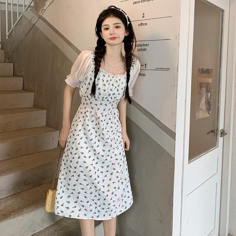 

Платье с цветочным принтом женское летнее с завышенной талией и тонким силуэтом, модное, с квадратным вырезом, юбка средней длины S