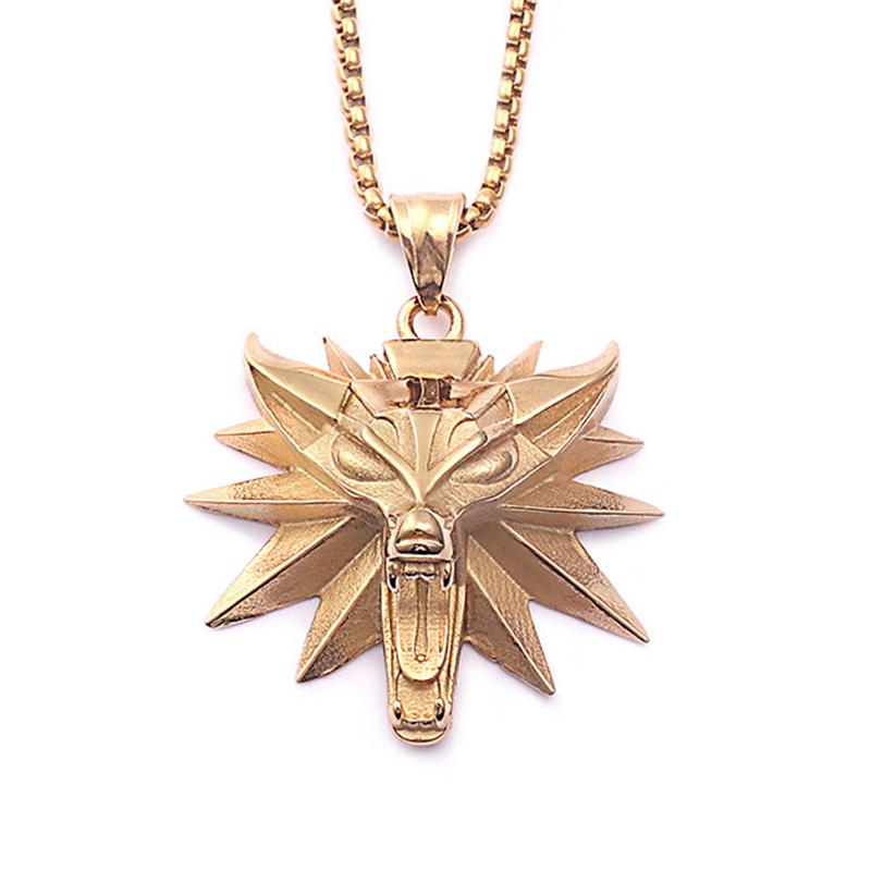 Stainless Steel Wizard 3 Wolf Head Pendant Retro Style Geralt of Rivia Men's Necklace Popular Medieval Witcher Jewelry