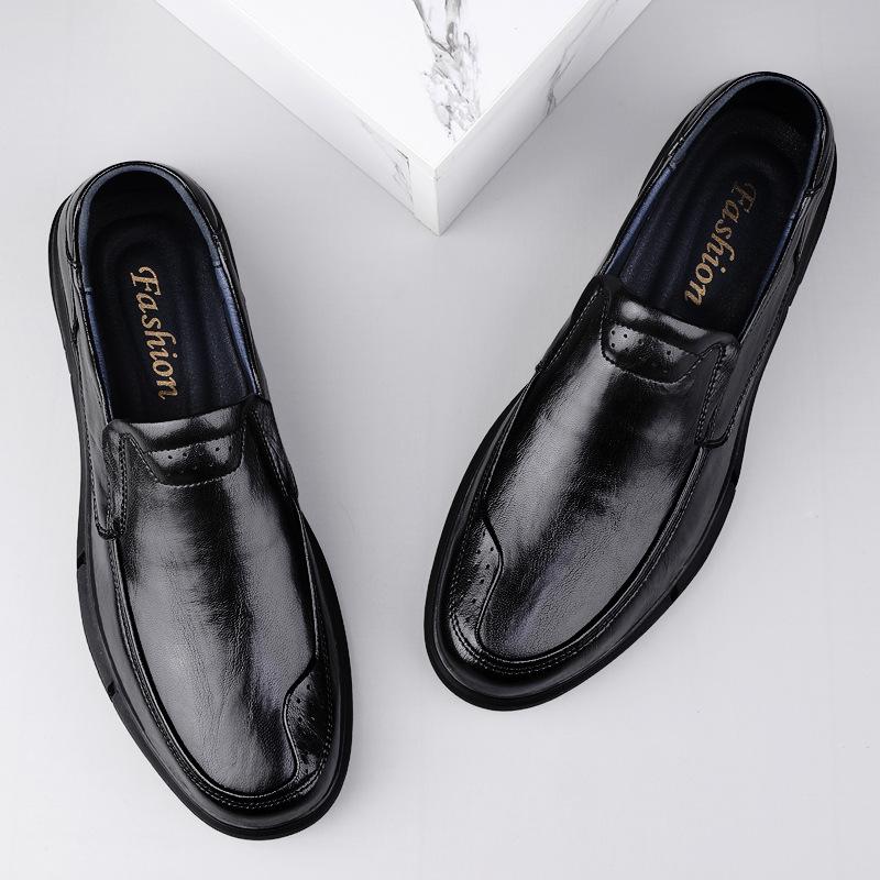 Men's Genuine Leather Cowhide Slip-On Business Casual Shoes - Non-Slip, Breathable, Soft Sole for Middle-Aged and Elderly.