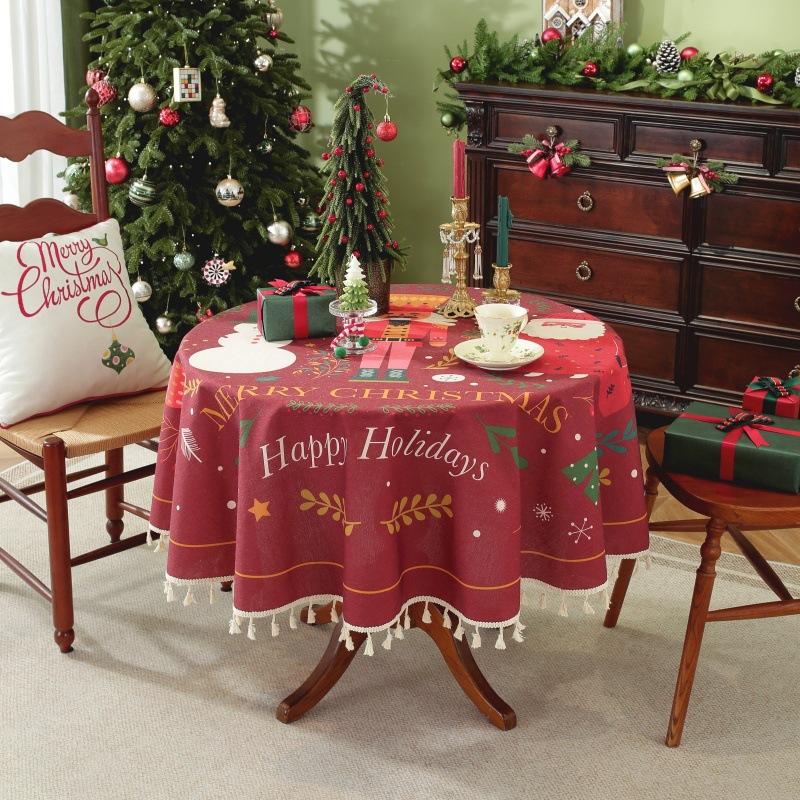 Christmas Round Tablecloth with Tassel Polyester Cotton Printed Table Cloth Red Green Decorative Table Cover for Home Decoration