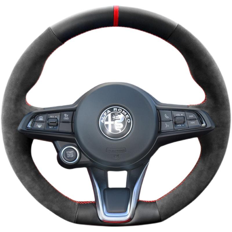 Hand Stitched Non-slip Car Steering Wheel Cover for Alfa Romeo Giulia Stelvio 2020-2022 Suede&Leather Interior