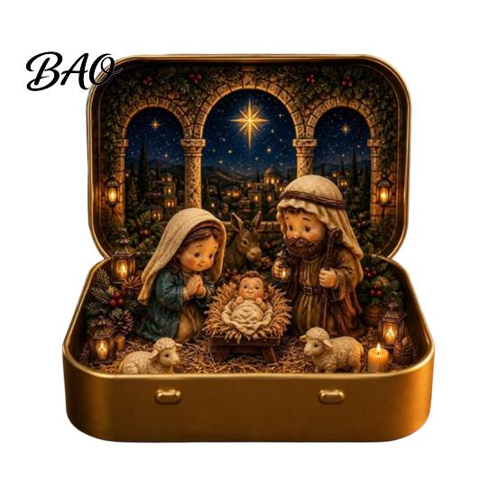 Prezent pod choinkę Mały Świąteczny Cud w Puszce, Mini Dekoracja Diorama Świąteczna, Miniaturowa Zimowa Scenka Ozdobna ze Świętym Mikołajem, Choinką, Prezentami